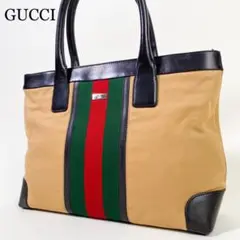 【美品】グッチ トートバッグ シェリーライン ファスナーポケット キャンバス 革