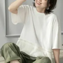 オペークドットクリックホワイトプリーツTシャツプリーツデザインドッキングトップス
