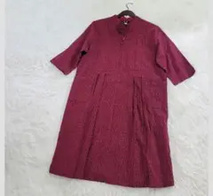 美品✨織風 ワンピース チュニック ハーフジッパー 赤系 久留米織