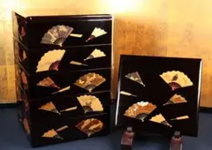 ルチア様専用 CA49 輪島塗黒塗扇面金銀蒔絵五段重 内朱塗二枚蓋共箱 螺鈿草重