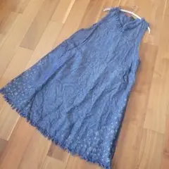 ドラッグストアーズ デニム風　ワンピース　ブタさん刺繍　リネン混　フリンジ
