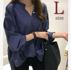 ブラウス シャツ Lネイビー Vネック 体型カバー オフィス