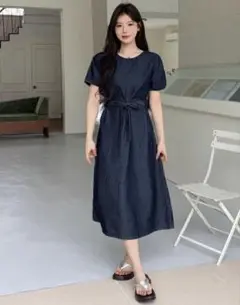 ダークデニム ウエストリボン ワンピース