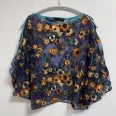 AULA アウラ オープンショルダー 花柄 刺繍 ブラウス シルク オーガンジー