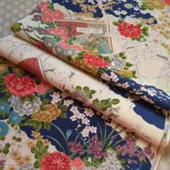 114　着物ハギレ　約35×330cm　草花文　枝梅と本文様　金彩　鬼しぼ縮緬