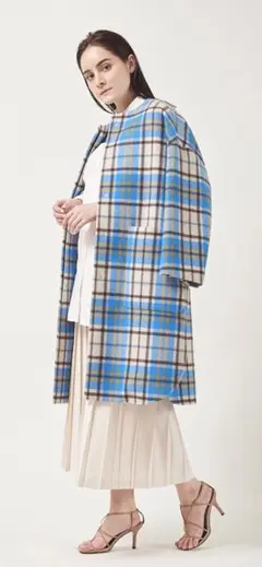 【新品・未使用品】yori ノーカラーウールチェックコート