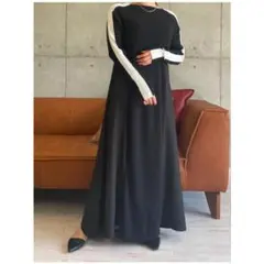 【美品】　ロージー 袖配色布帛ドッキングワンピース ロング丈　ブラック　F