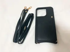 ブラックレザー風　iPhoneケース ストラップ付き　iPhone14Pro