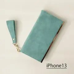 手帳型　iPhone13 ケース　ブルーグリーン　ストラップ付