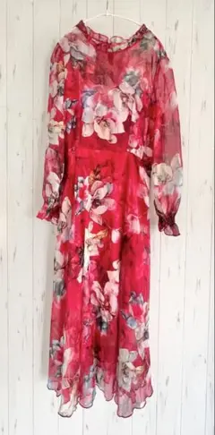 赤　ドレス　シフォン　ワンピース　花柄　レッド　パーティー