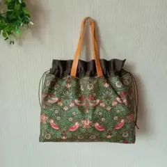 【夏休み感謝価格】ウィリアムモリス　いちご泥棒小柄グリーン　巾着ミニトート