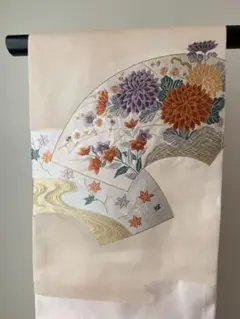 【扇に四季花、流水の手刺繍】九寸名古屋帯 正絹