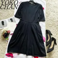 【良品】YOKOCHAN フレアワンピース 膝丈 ブラック 半袖 38