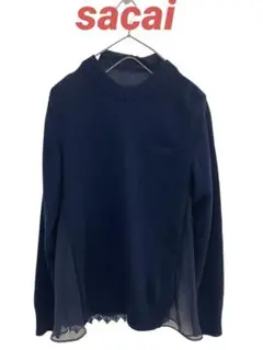 sacai サカイ スラッシュ ニット 切替 レース 長袖 トップス ネイビー