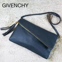 極美品✨ ジバンシー ショルダーバッグ グレー レザー ロゴ 型押し フリンジ