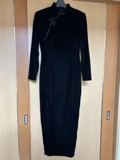 ブラックチャイナドレス 長袖 タイトフィットL
