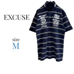 EXCUSE【M】プリントポロシャツ ボーダー 半袖シャツ ネイビー 綿100%