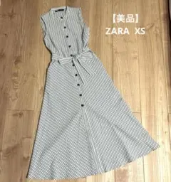【美品】ZARA XS ストライプ ノースリーブ ワンピース サッカー生地