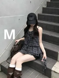 即日発送 ブラック チェックフリルアシメミニワンピース y2kグランジ　M