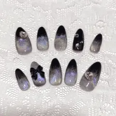 ネイルチップ♡ハンドメイド♡きれいめ♡シルバー♡黒♡マグネット♡リボン♡きらきら