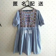 半袖 チュニック 刺繍 花 ストライプ 青 白 五分袖 ミニワンピース 北欧