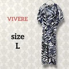 VIVERE【L】総柄ロングフレアワンピース 薄手 ストレッチ ベルトリボン
