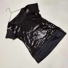 良品★MOGA カットソー フレンチスリーブ スパンコール コットン 黒 M