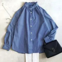 美品 ◆DRESSTERIOR ブラウス　ストライプ　ブルー　コットン　フリル