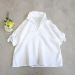 美品✨シンプリシティエ　スキッパー　リネンシャツ　半袖　ブラウス　麻　 袖リボン