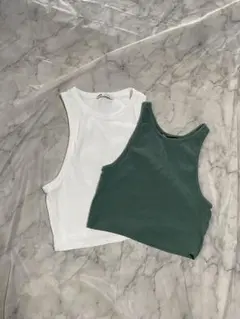 ZARA ホワイト グリーン クロップドタンクトップ 2色セット　L