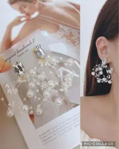 再販♡スクエアストーン×パールシャワーピアス イヤリング