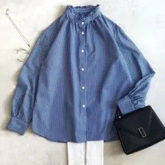 美品 ◆DRESSTERIOR ブラウス　ストライプ　ブルー　コットン　フリル