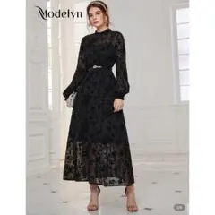 【Modelyn完売商品✨】　花柄ワンピース　結婚式　ロング　黒　レース　L相当