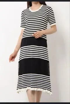 新品　ディノス 　ソークロース　編地切替ボーダーXドットニットワンピース　L