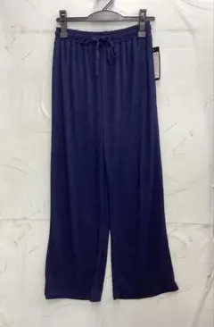 【S955】☆プリーツ加工☆ワイドパンツ☆[L/紺]☆ストレッチ素材☆