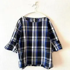 ☆【デッサン】シャツブラウス 7分袖 フレアスリーブ チェック柄 綿混後涙開きM