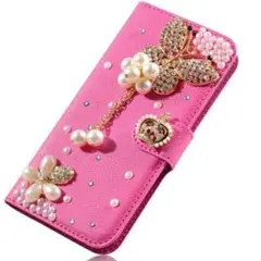 iphoneケース　3D立体　カード入れ　手帳型　上質　キラキラ　【ピンク蝶々】