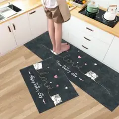 2枚セット　ネコ　ブラック　ハート　キッチンマット　かわいい　玄関マット　猫