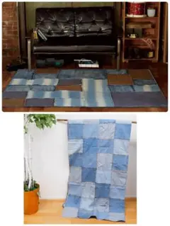 ヴェント キルトデニム風 ラグ＆パッチワークデニムブロックマルチカバー まとめて