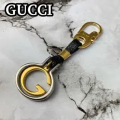 美品 グッチ キーホルダー キーリング ロゴ金具 レザー ゴールド×シルバー