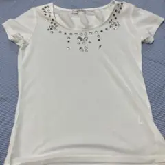 ホワイト ビジュー装飾 半袖トップス