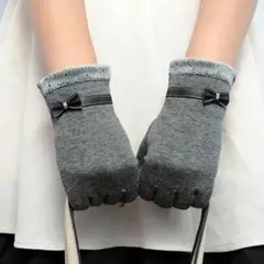 【値下げセール中】㉜レディース手袋 裏起毛 スマホ対応 リボン付き グレー