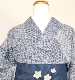 ９月からのお召し物 セット単衣着物と紗名古屋帯 水色に巧みな切り嵌 江戸小紋調
