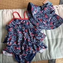 女の子用フリル水着と帽子セット 90cm