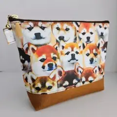 柴犬いっぱい柄×帆布・まち付きポーチ