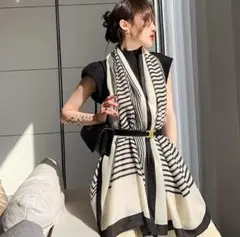 大判ストール ブラック×ベージュ 90×180cm 高級感 モノトーン ベルト