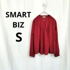 【SMART BIZ】 ブラウス S 赤 シアースリーブ オフィス 胸元プリーツ
