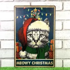 712番】猫 クリスマス サンタ コスプレ ネコ 猫の看板 絵 雑貨 ブリキ看板