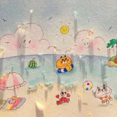 【ふたり。ビーチ】グラスアート　イラスト　水彩画　原画