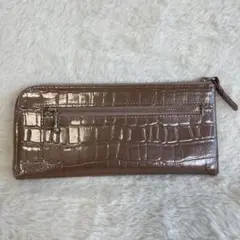 クロコ押し　牛革財布　L字ファスナー　ピンクベージュ